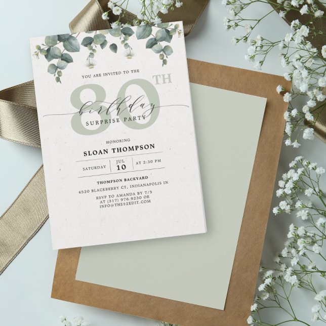 Elegant Eucalyptus 80th Birthday Party Surprise Invitation (Creator Uploaded)