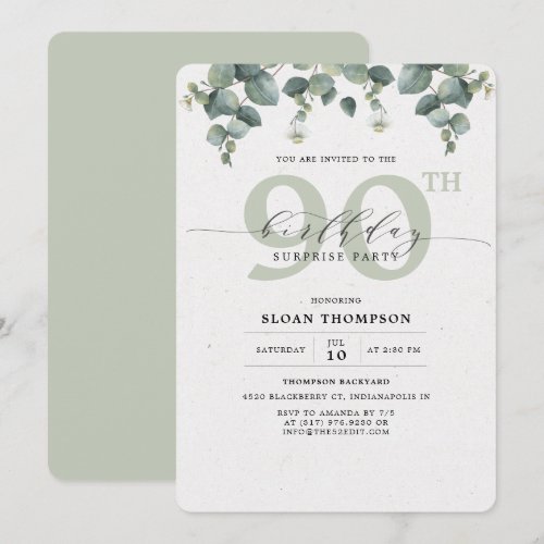 Elegant Eucalyptus 90 Birthday Surprise Invitation