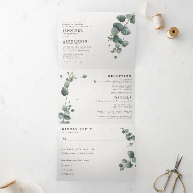 Elegant Eucalyptus All in one Wedding Tri-Fold Invitation