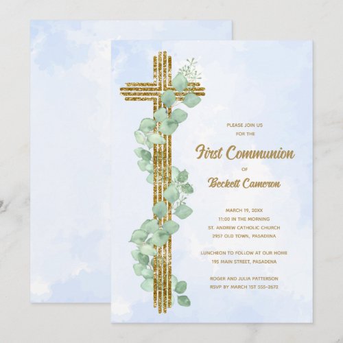 Elegant Eucalyptus and Cross Blue First Communion