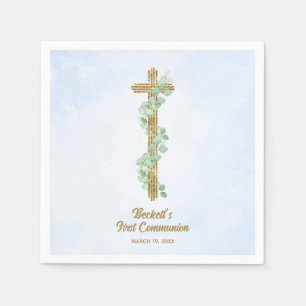 Elegant Eucalyptus and Cross Blue First Communion Napkins