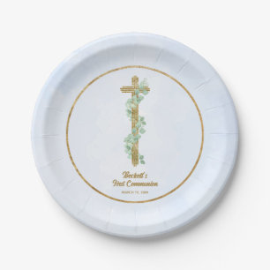 Elegant Eucalyptus and Cross Blue First Communion Paper Plates
