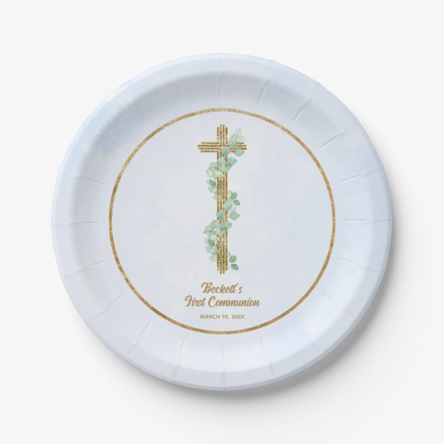 Elegant Eucalyptus and Cross Blue First Communion Paper Plates (Front)