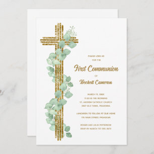 Elegant Eucalyptus and Cross First Communion Invitation