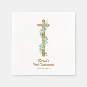 Elegant Eucalyptus and Cross First Communion Napkins