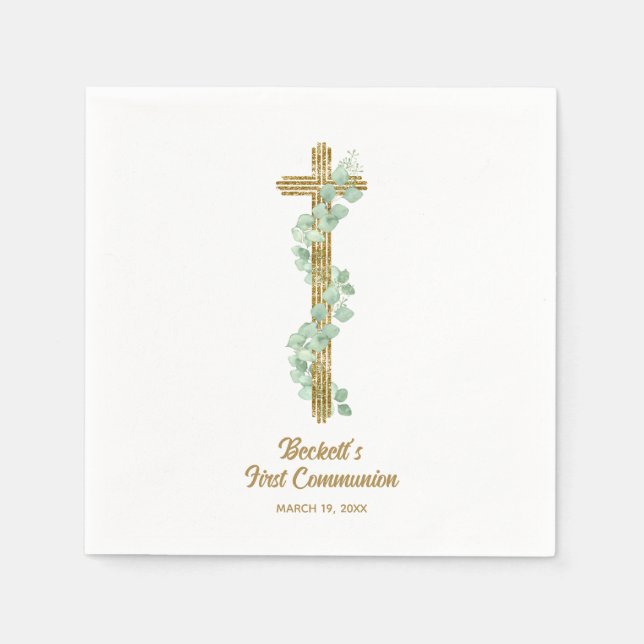 Elegant Eucalyptus and Cross First Communion Napkins (Front)