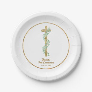 Elegant Eucalyptus and Cross First Communion Paper Plates