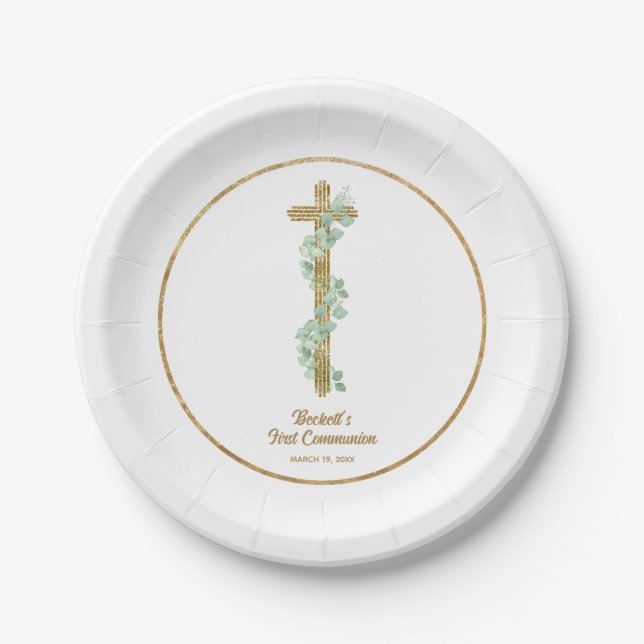 Elegant Eucalyptus and Cross First Communion Paper Plates (Front)
