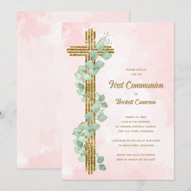 Elegant Eucalyptus and Cross Pink First Communion Invitation (Front/Back)