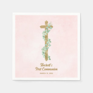 Elegant Eucalyptus and Cross Pink First Communion Napkins