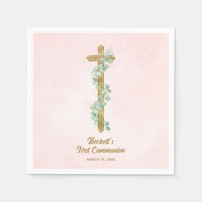 Elegant Eucalyptus and Cross Pink First Communion Napkins (Front)