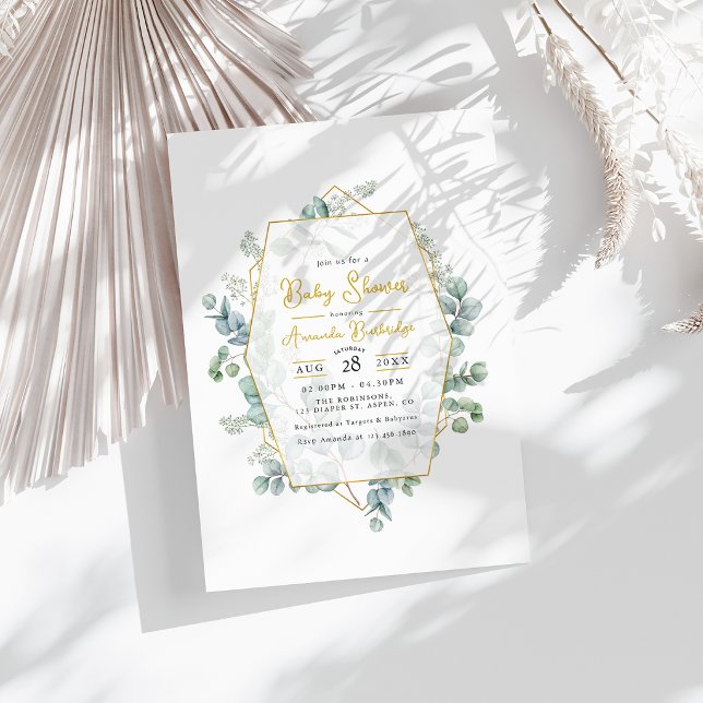 Elegant Eucalyptus and Gold Geometric Baby Shower Invitation (Elegant Eucalyptus and Gold Geometric Baby Shower Invitation)