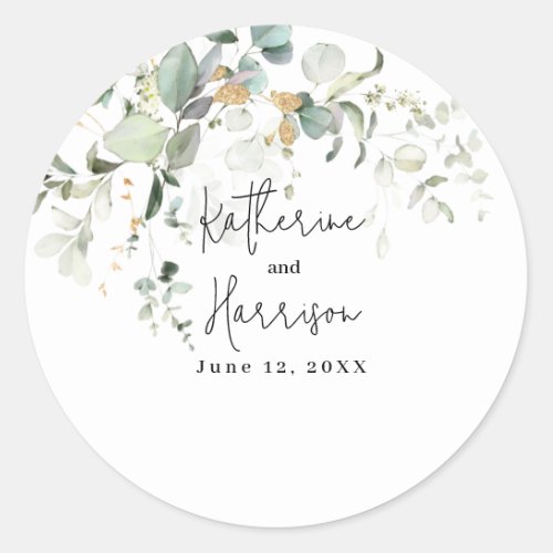 Elegant Eucalyptus and Gold Greenery Wedding  Clas Classic Round Sticker