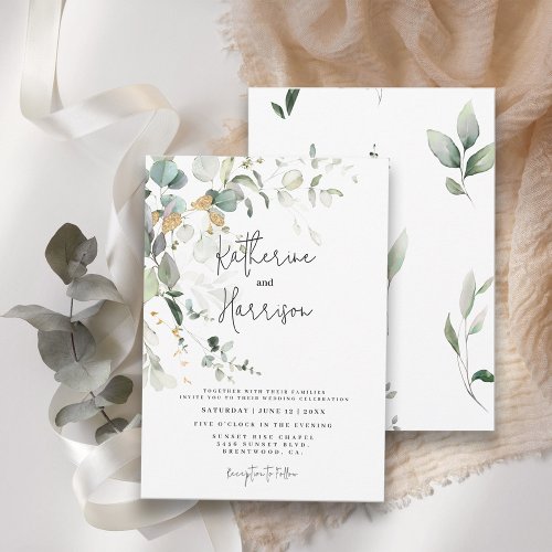 Elegant Eucalyptus and Gold Greenery Wedding Invitation