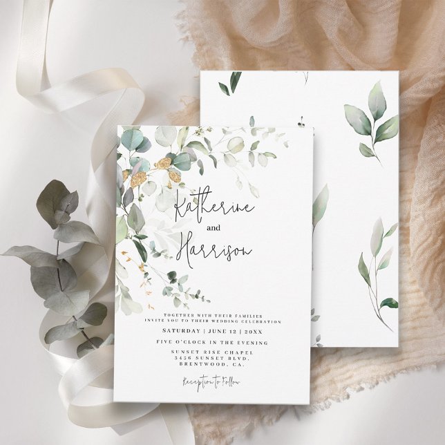 Elegant Eucalyptus and Gold Greenery Wedding Invitation (Creator Uploaded)