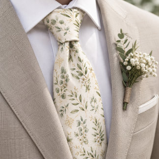 Elegant Eucalyptus and Gold Trellis Botanical Neck Tie