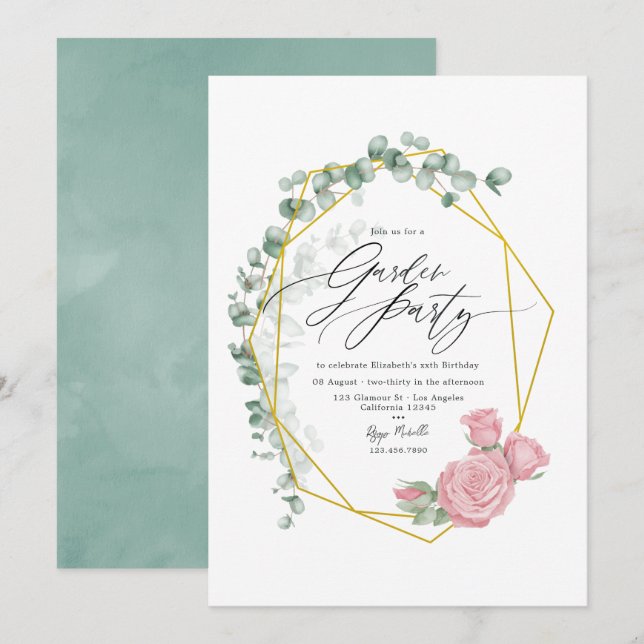 Elegant Eucalyptus and Pink Roses Garden Party Invitation (Front/Back)