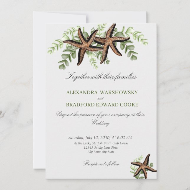 Elegant Eucalyptus and Starfish Wedding Invitation (Front)