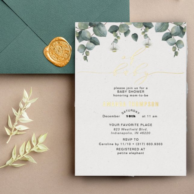 Elegant Eucalyptus Baby Shower Foil Invitation (Creator Uploaded)