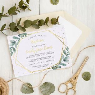 Elegant Eucalyptus Baptism Or Christening Real Foil Invitation