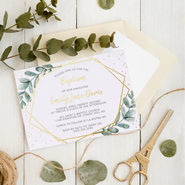 Elegant Eucalyptus Baptism Or Christening Real Foil Invitation (Creator Uploaded)