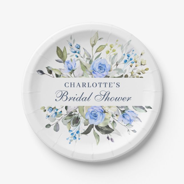 Elegant Eucalyptus Blue Floral Roses Bridal Shower Paper Plates (Front)