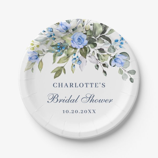 Elegant Eucalyptus Blue Floral Roses Bridal Shower Paper Plates (Front)