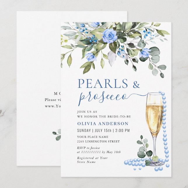 Elegant Eucalyptus Blue Flowers PEARLS & Prosecco Invitation (Front/Back)