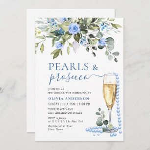 Elegant Eucalyptus Blue Flowers PEARLS & Prosecco Invitation