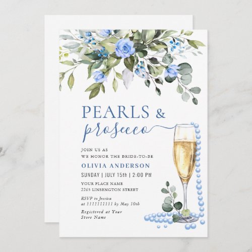 Elegant Eucalyptus Blue Flowers PEARLS  Prosecco Invitation
