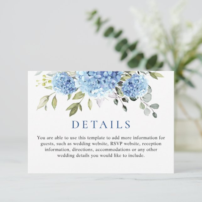 Elegant Eucalyptus Blue Hydrangea Wedding Details Enclosure Card (Standing Front)