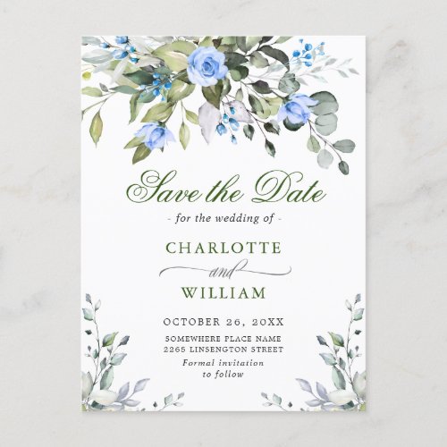 Elegant Eucalyptus Blue Rose Wedding Save the Date Postcard