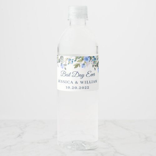 Elegant Eucalyptus Blue Roses Best Day Ever  Water Bottle Label
