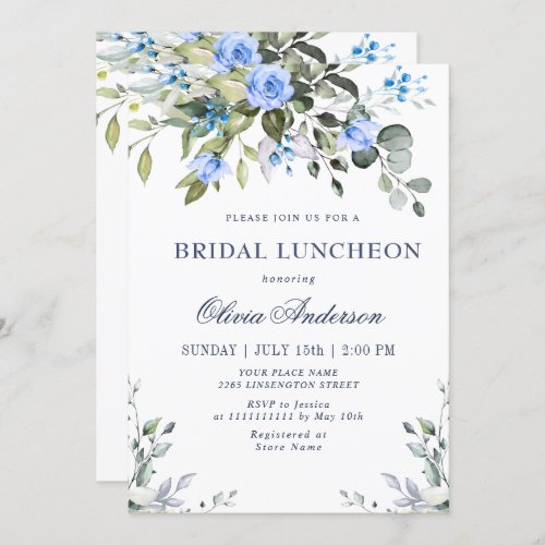 Elegant Eucalyptus Blue Roses BRIDAL LUNCHEON Invitation