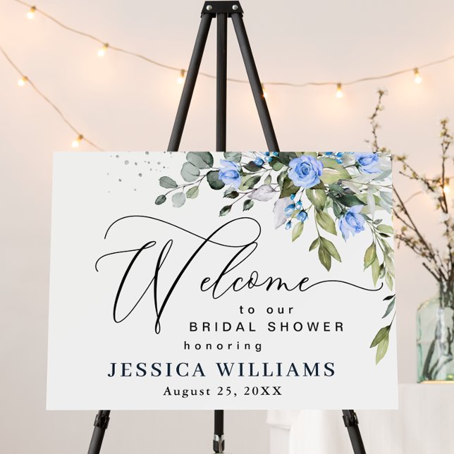 Elegant Eucalyptus Blue Roses BRIDAL SHOWER Foam Board (Custom sign template foam board print.)