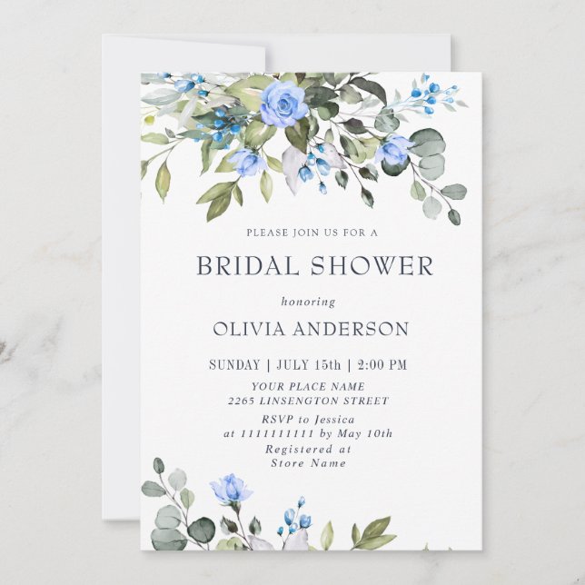 Elegant Eucalyptus Blue Roses BRIDAL SHOWER Invitation (Front)