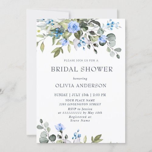 Elegant Eucalyptus Blue Roses BRIDAL SHOWER Invitation