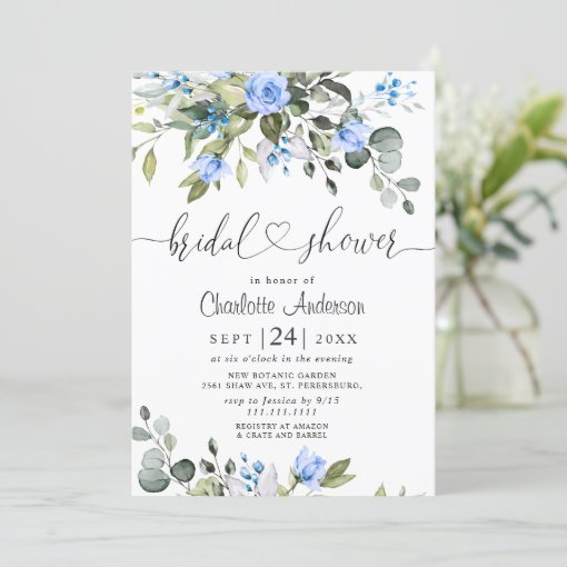 Elegant Eucalyptus Blue Roses BRIDAL SHOWER Invitation | Zazzle