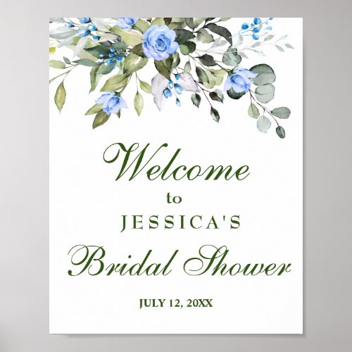 Elegant Eucalyptus Blue Roses Bridal Shower Poster