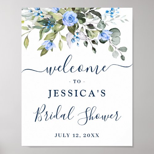 Elegant Eucalyptus Blue Roses Bridal Shower Poster