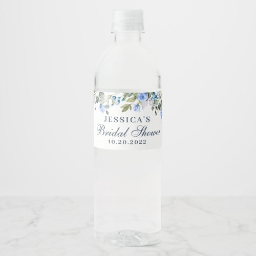 Elegant Eucalyptus Blue Roses Bridal Shower Water Bottle Label