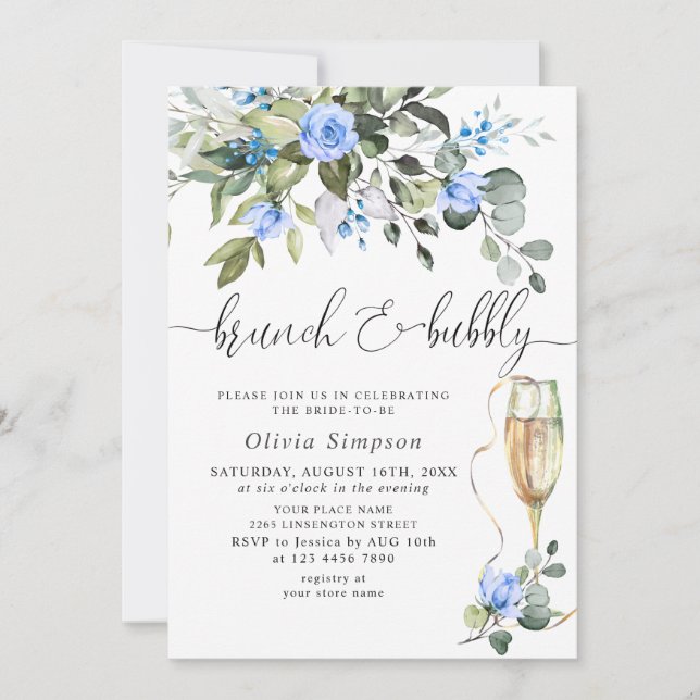 Elegant Eucalyptus Blue Roses Brunch & Bubbly Invitation (Front)