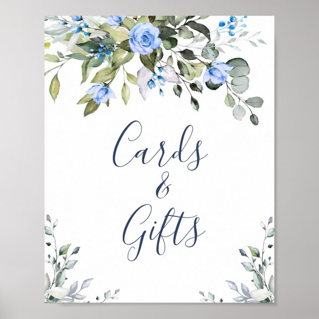 Elegant Eucalyptus Blue Roses Cards and Gifts Poster (Front)