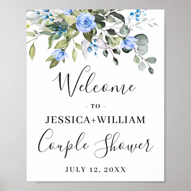 Elegant Eucalyptus Blue Roses Couple Shower Poster (Front)