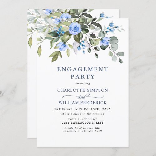 Elegant Eucalyptus Blue Roses ENGAGEMENT PARTY Invitation