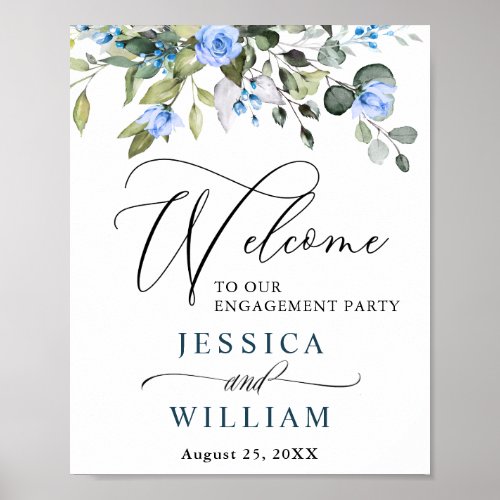 Elegant Eucalyptus Blue Roses Engagement Party Poster