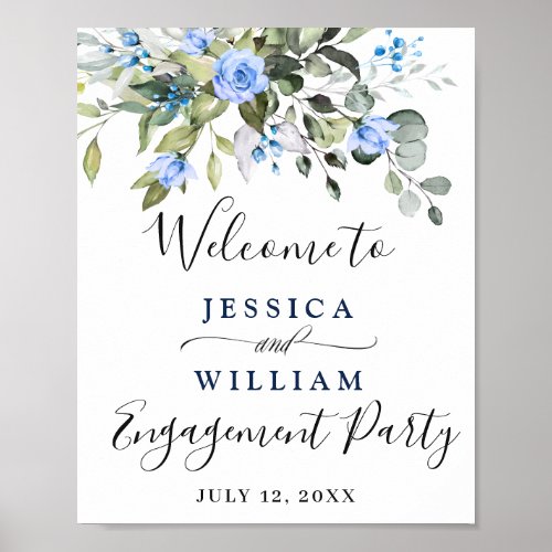 Elegant Eucalyptus Blue Roses Engagement Party Poster