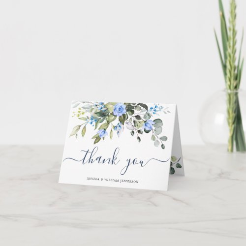 Elegant Eucalyptus Blue Roses Floral Botanical Thank You Card