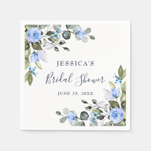 Elegant Eucalyptus Blue Roses Floral Bridal Shower Napkins