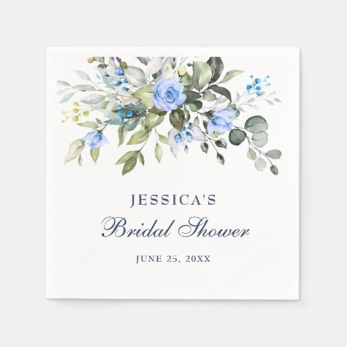 Elegant Eucalyptus Blue Roses Floral Bridal Shower Napkins